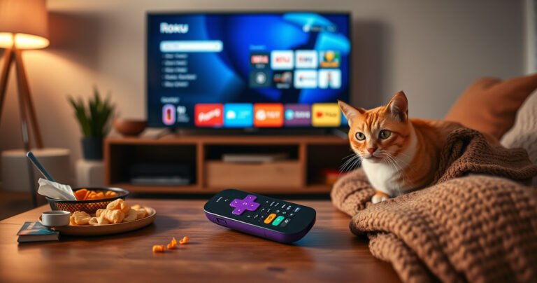 A cozy living room scene with a modern flat-screen TV displaying the Roku interface, a colorful Roku remote resting on a stylish coffee table, surrounded by snacks and a warm blanket. Soft ambient lighting creates a welcoming atmosphere, while a curious cat watches intently, hinting at the joys of streaming and entertainment.