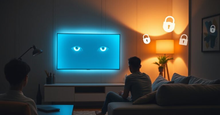 A sleek modern living room featuring a glowing smart TV surrounded by shadows. Subtle digital eyes emerge from the screen, symbolizing surveillance. A person sits on the couch, looking cautious, with privacy icons floating around, like locks and shields, contrasting the warm, inviting decor. Tension between comfort and intrusion captured in soft lighting.