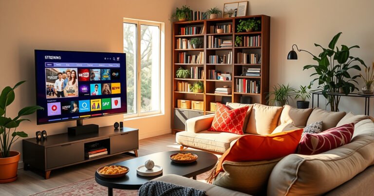 A cozy living room with a modern smart TV displaying vibrant streaming apps, a plush couch with colorful cushions, a side table with snacks, and a large window letting in warm sunlight. In the background, a shelf filled with books and plants creates a welcoming atmosphere, illustrating the freedom of cable-free entertainment.