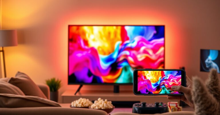 A sleek TCL TV showcasing vibrant, colorful screen mirroring with a smartphone displaying dynamic images. Surround the TV with a cozy living room setting, plush couch, and warm lighting. Include elements like popcorn and a gaming console, emphasizing a modern, tech-savvy atmosphere that invites viewers to explore the seamless connectivity of devices.