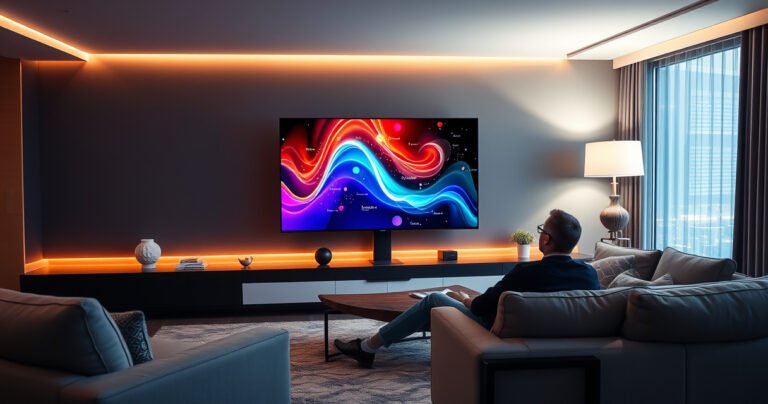 A sleek modern living room featuring a large flat-screen TV transformed into a vibrant computer monitor. The scene shows a person comfortably seated on a stylish couch, surrounded by colorful digital graphics streaming across the screen, with a cozy ambiance created by soft lighting and contemporary decor elements, blending technology and relaxation seamlessly.
