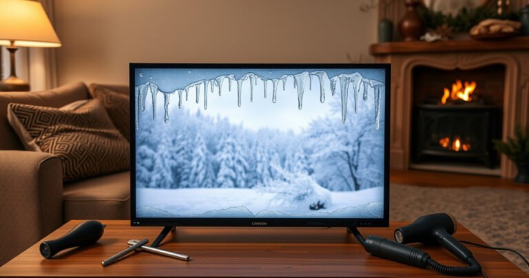 An LCD TV displaying a frozen, distorted image of a snowy winter landscape, with icicles hanging from the screen edges, surrounded by tools like screwdrivers and a hairdryer, set against a cozy living room backdrop featuring a plush sofa and a warm fireplace.