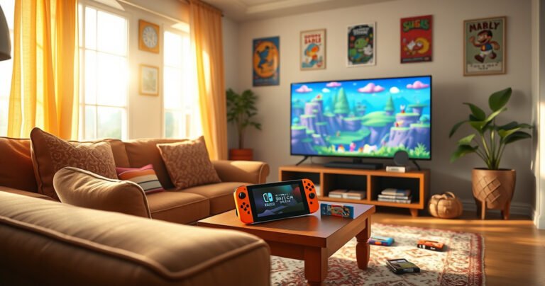 A vibrant living room scene featuring a cozy couch with a Nintendo Switch Lite on a coffee table, colorful game cartridges scattered around, and a large TV in the background displaying a pixelated gaming world. Soft sunlight filters through the window, illuminating playful posters on the walls and creating a warm, inviting atmosphere.