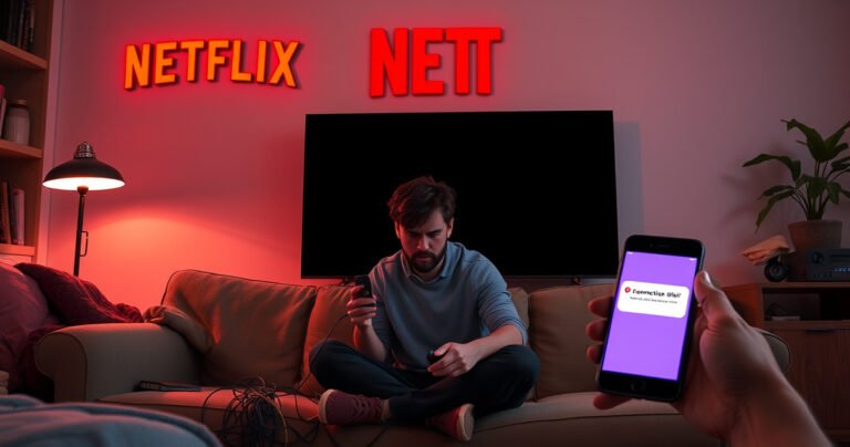 A frustrated person sitting on a couch, holding a remote, surrounded by tangled cables and a blank TV screen. Brightly colored Netflix logos hover above, with a glowing smartphone displaying a connection error. The room is cozy but chaotic, showcasing a mix of modern technology and cozy living space elements.