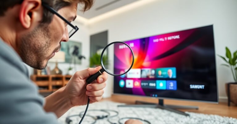 A close-up view of a confused person examining a sleek Samsung TV, brightly lit living room with modern decor, various HDMI cables scattered around, a magnifying glass in hand, the TV screen displaying a vibrant, colorful home screen, emphasizing the search for the elusive HDMI port, capturing a blend of frustration and determination.