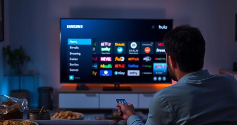 A frustrated user staring at a dimly lit Samsung TV screen displaying an empty app menu, surrounded by a cozy living room filled with snacks, a remote control in hand, and a colorful array of streaming logos faintly glowing in the background, symbolizing the search for the elusive Hulu app.