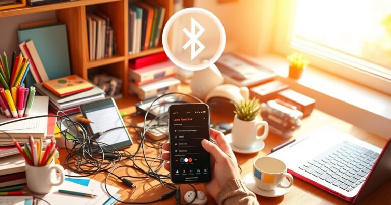 A cluttered desk with tangled wires, a smartphone displaying a Bluetooth settings screen, and a frustrated person searching for lost earbuds among colorful stationery, coffee cups, and a laptop. Warm sunlight streams through a window, illuminating the chaos, while a digital connection symbol hovers above, symbolizing the quest to fix the audio connection.
