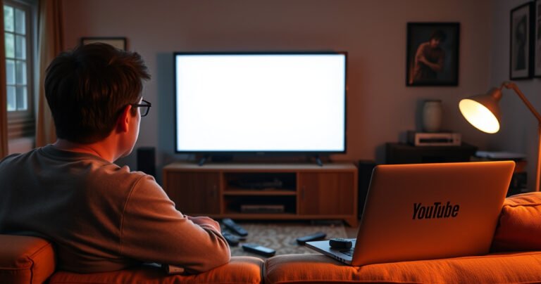 A frustrated user staring at a blank television screen, surrounded by a chaotic living room with remote controls scattered, a laptop open with a YouTube logo, and a Roku device prominently displayed. The mood is a mix of confusion and determination, with a warm light illuminating the scene, hinting at a quick solution just around the corner.