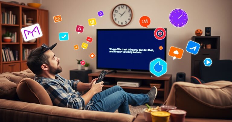 A frustrated person sitting on a cozy living room couch, surrounded by snacks, holding a remote control, staring at a Samsung TV displaying an error message. Bright colorful graphics of troubleshooting icons and tools float around, while a clock in the background emphasizes urgency, creating a sense of tension and the need for a quick solution.