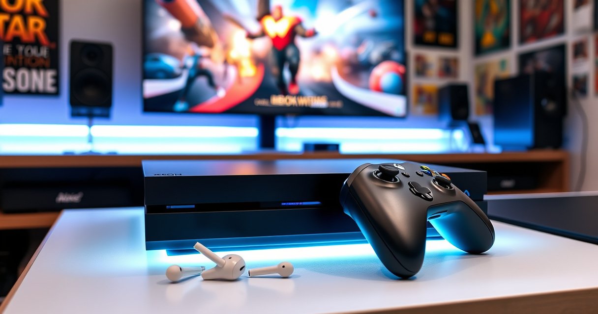 A sleek Xbox One console sits on a modern gaming desk, illuminated by soft LED lights. Apple Earbuds dangle beside the controller, their glossy white finish contrasting with the matte black console. Behind, a vibrant gaming setup features a large screen displaying an intense gaming scene, while colorful posters adorn the walls, creating an immersive atmosphere.