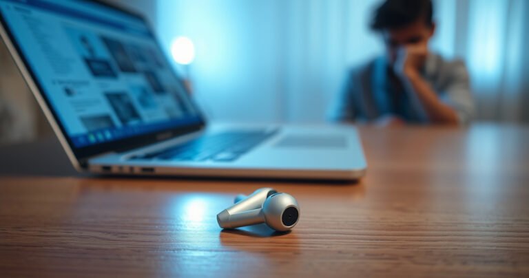 A close-up of a pair of sleek, modern earbuds resting on a wooden table, surrounded by a faint glow of blue light representing invisible radiation waves. In the background, an open laptop displays articles about technology and health, with a subtle, concerned person’s silhouette pondering the implications of using earbuds.