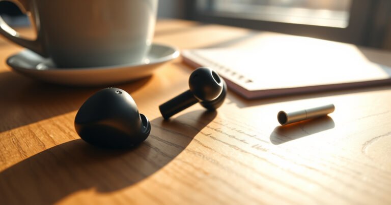 A close-up of sleek wireless earbuds resting on a wooden table, with one earbud slightly ajar revealing the tiny microphone inside. Soft morning light filters through a nearby window, casting gentle shadows, while a notepad with handwritten notes and a coffee cup hint at a tech-savvy workspace, inviting curiosity about audio technology.