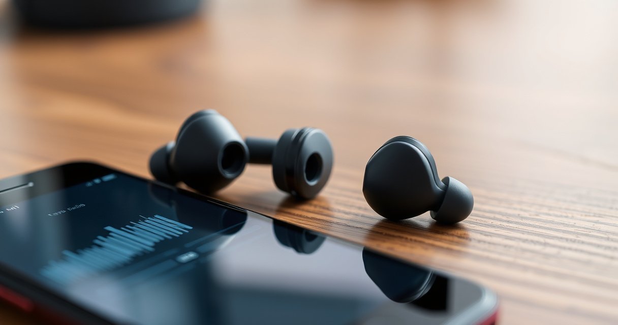 A close-up view of sleek, modern earbuds resting on a wooden desk, with one earbud partially open to reveal its tiny microphone. Soft, diffused lighting highlights the intricate details, while a smartphone displays a soundwave graphic nearby, conveying a tech-savvy atmosphere. Subtle reflections add depth, inviting curiosity about their functionality and features.
