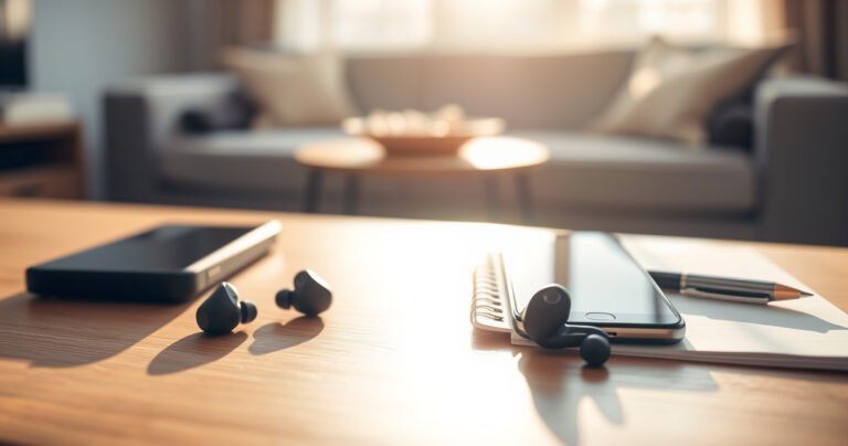 A close-up of stylish wireless earbuds resting on a sleek wooden desk, soft morning light casting gentle shadows. A notepad and pen nearby, with a smartphone displaying a microphone icon, creating a tech-savvy atmosphere. In the background, blurred outlines of a cozy living space, emphasizing comfort and modernity in everyday audio experiences.