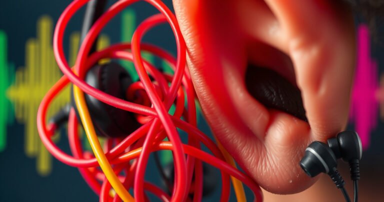 A close-up of vibrant, tangled earphone wires against a backdrop of soundwave graphics, highlighting the contrast between music notes and a muted, darkened ear. A subtle image of an ear and a pair of earphones on the side, symbolizing the tension between enjoyment and hearing health in a creative, engaging composition.
