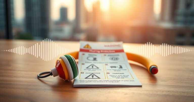 A close-up of a pair of colorful earphones resting on a wooden desk, surrounded by soundwave graphics and warning symbols, with a backdrop of a blurred cityscape. Soft light filters in, illuminating a hearing protection pamphlet, creating a contrast between the allure of music and the caution of hearing health.