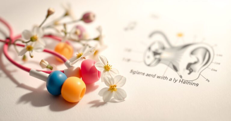A close-up of colorful earphones resting on a soft white surface, intertwined with delicate flowers and medical illustrations of the human ear, symbolizing the balance between music and health. A soft, diffused light highlights the textures, while a subtle shadow adds depth, inviting curiosity about the impact of earphones on hearing.