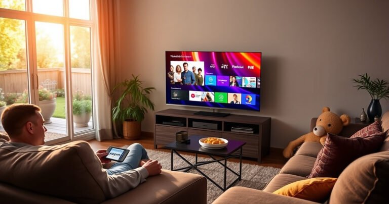 A cozy living room featuring a sleek smart TV displaying vibrant streaming content, surrounded by plush furniture, a coffee table with snacks, and a window revealing a sunlit garden. A person relaxes on the couch, remote in hand, while a digital device connects seamlessly to the TV, symbolizing the future of entertainment without cable.