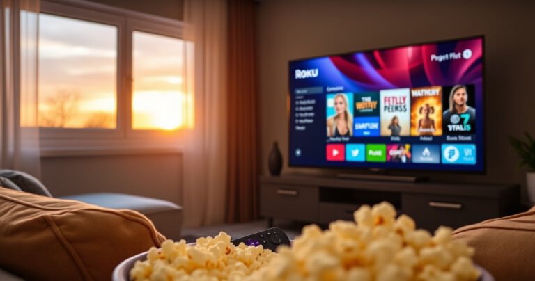 A cozy living room with a sleek smart TV displaying vibrant streaming options, a Roku remote resting on a plush sofa, soft ambient lighting highlighting a popcorn bowl, and a window showing a sunset glow outside, illustrating the comfort of home entertainment choices.