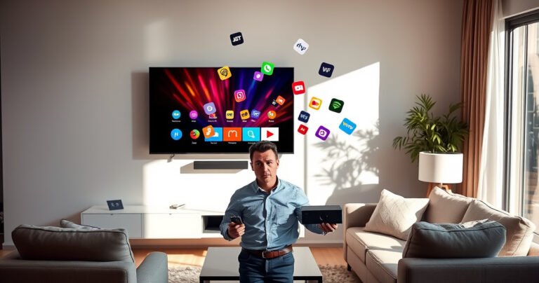 A sleek, modern living room featuring a vibrant smart TV mounted on a wall, surrounded by cozy furniture. A confused person stands in front, holding a remote control and a cable box, while colorful streaming icons float around. Sunlight streams through a window, casting playful shadows, creating a warm, inviting atmosphere.