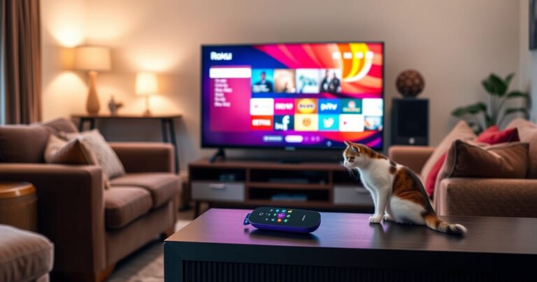 A cozy living room scene with a sleek smart TV displaying a vibrant streaming interface, surrounded by plush furniture, warm lighting, and a curious cat peering at the screen. A Roku device sits prominently on a stylish media console, hinting at the choice between simplicity and enhanced streaming options.