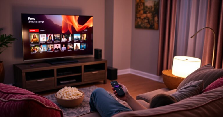 A cozy living room scene featuring a sleek smart TV displaying vibrant streaming content, surrounded by a plush sofa with colorful cushions, popcorn in a bowl, and a warm glow from a nearby lamp. A person sits comfortably, remote in hand, contemplating the options, with a Roku device perched nearby, emphasizing connectivity and entertainment.