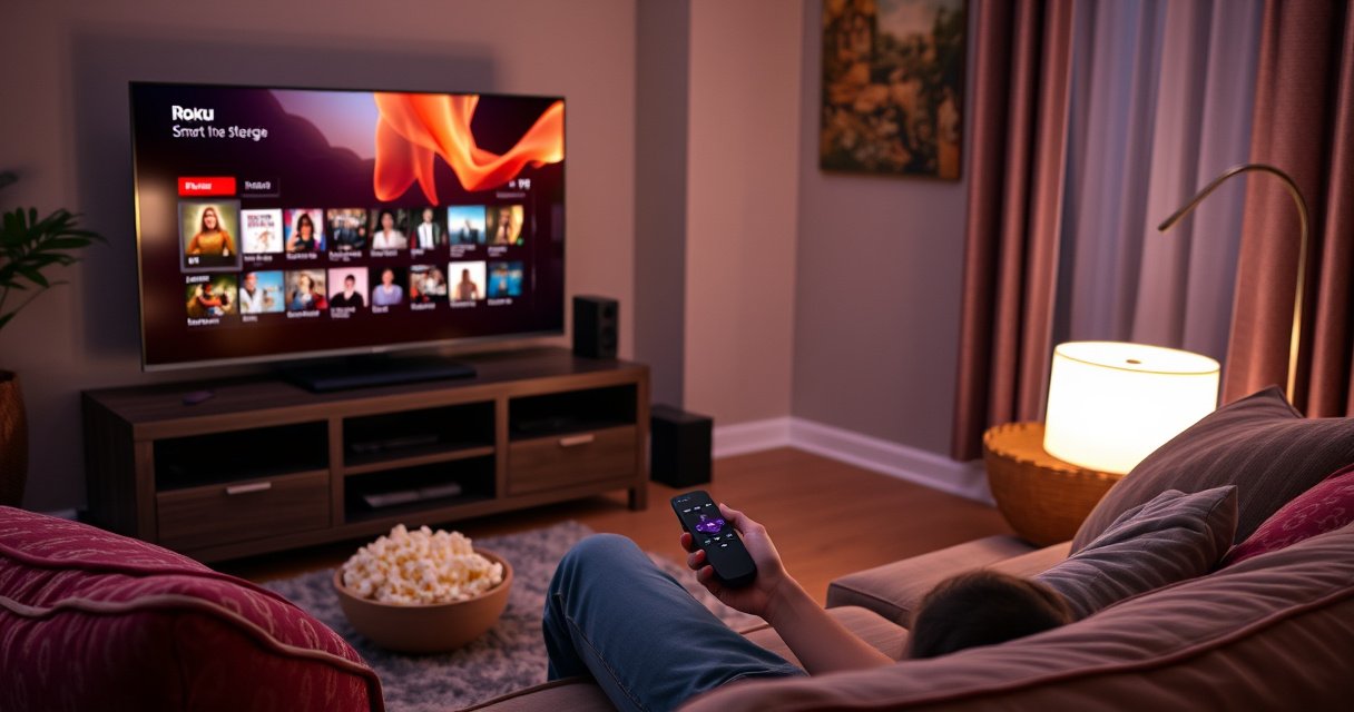 A cozy living room scene featuring a sleek smart TV displaying vibrant streaming content, surrounded by a plush sofa with colorful cushions, popcorn in a bowl, and a warm glow from a nearby lamp. A person sits comfortably, remote in hand, contemplating the options, with a Roku device perched nearby, emphasizing connectivity and entertainment.