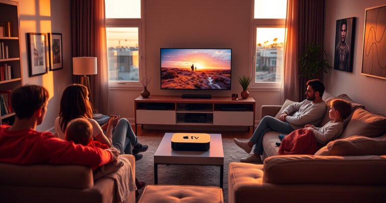 A cozy living room bathed in warm light, featuring a sleek Apple TV prominently displayed on a modern entertainment unit, surrounded by plush sofas and stylish decor. A family gathers, engrossed in a vibrant streaming experience, with colorful visuals reflecting on a wall-mounted screen. A window reveals a sunset, adding to the inviting ambiance.