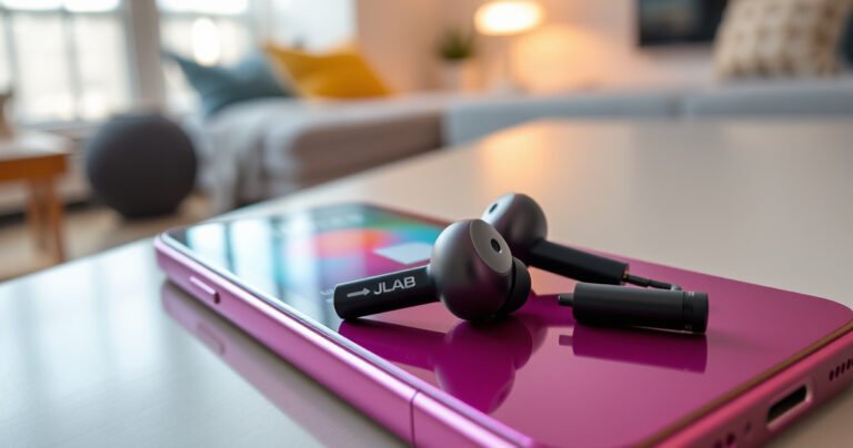 A close-up of sleek JLab earbuds resting on a vibrant, stylish iPhone, surrounded by soft, ambient lighting. The earbuds are slightly open, revealing intricate details, while the iPhone screen displays a colorful music app. In the background, a cozy, modern workspace hints at a tech-savvy lifestyle, blending comfort with innovation.