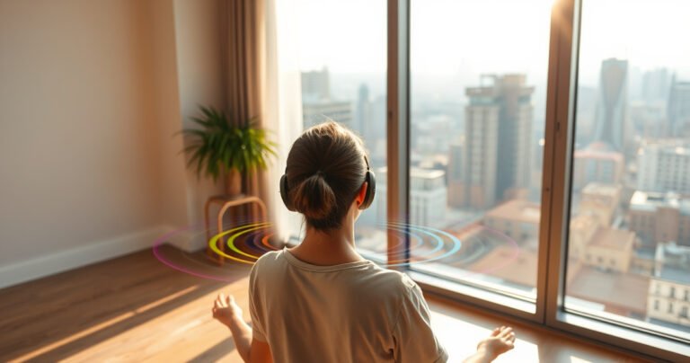 A serene, tranquil room with a person peacefully meditating while wearing sleek noise-cancelling earphones. Soft waves of sound visually represented as colorful ripples dissipate around them, contrasting with a chaotic cityscape outside the window. Warm sunlight filters through, creating a calm atmosphere that highlights the contrast between noise and silence.