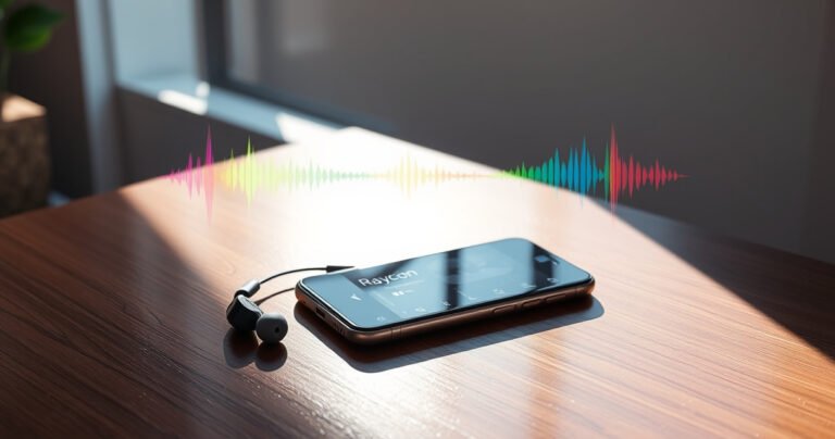 A sleek pair of Raycon earbuds resting on a glossy wooden table, surrounded by an elegant iPhone displaying music playlists. Soft natural light filters through a nearby window, casting gentle shadows, while colorful sound wave graphics swirl around, symbolizing seamless connectivity. The atmosphere is modern and tech-savvy, inviting readers into a world of audio compatibility.