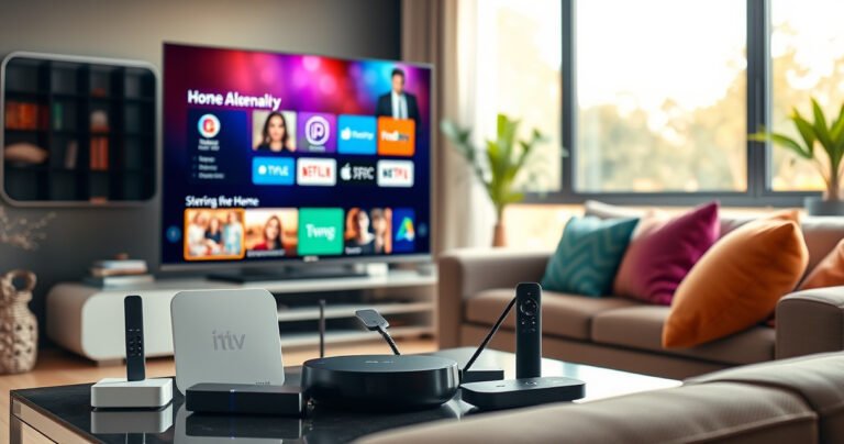 A sleek smart TV displaying a vibrant home interface, surrounded by various streaming devices and antennas. In the background, a cozy living room setting with a stylish couch, colorful throw pillows, and a large window letting in warm sunlight, emphasizing a modern entertainment space where technology meets comfort and convenience.