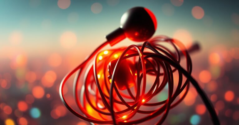 A close-up of a pair of sleek, modern wired earbuds tangled in bright, colorful electronic circuits, with a glowing aura to symbolize radiation. The background features a hazy digital landscape, merging technology with a sense of intrigue, while subtle wisps of light hint at unseen energy around the earbuds, inviting curiosity about their safety.