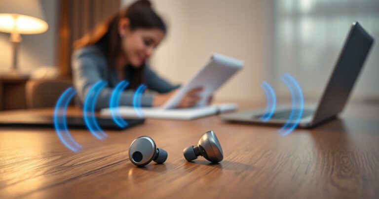 A close-up view of sleek wireless earbuds resting on a wooden desk, surrounded by glowing blue digital waves symbolizing radiation. In the background, a blurred figure engages in focused work, highlighting the balance between technology and health. Soft, warm lighting enhances the scene, creating an inviting yet informative atmosphere.