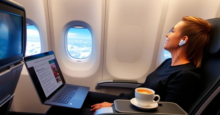 A serene airplane interior with a passenger comfortably seated, wearing sleek wireless earbuds. Soft ambient light filters through the window, illuminating the clouds outside. Nearby, an open laptop displays a travel article, while a steaming cup of coffee rests on the foldable tray. The atmosphere exudes tranquility and modern convenience, highlighting travel technology in action.