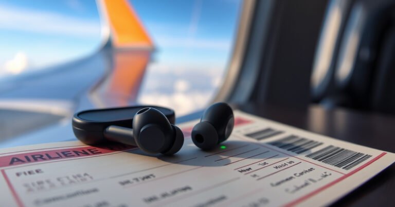 A sleek pair of wireless earbuds resting on a vintage airline ticket, surrounded by fluffy clouds and blue skies, with a blurred airplane wing in the background. A subtle glow emanates from the earbuds, symbolizing connectivity and freedom, while a modern airplane interior peeks through the window, hinting at travel and technology.
