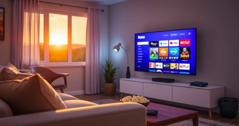 A cozy living room with a plush sofa, soft lighting, and a modern flat-screen TV displaying the vibrant Roku interface. Nearby, a coffee table holds a bowl of popcorn and a remote control, while a window reveals a sunset glowing in the background, evoking a warm, inviting atmosphere perfect for movie nights.