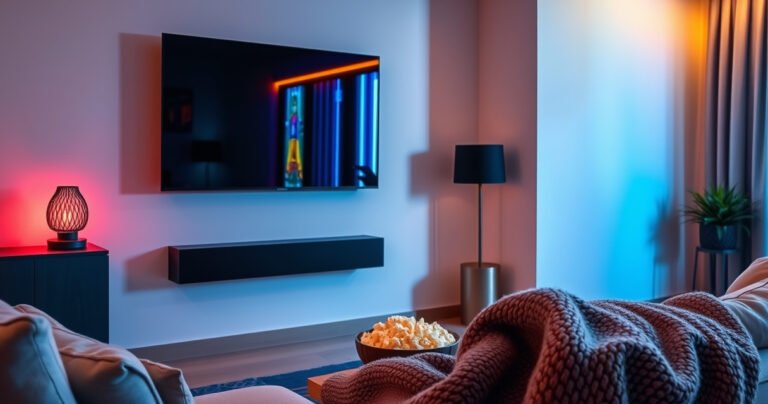 A modern living room with a sleek smart TV mounted on a wall, vibrant colors illuminating the space. A stylish soundbar sits elegantly beneath the TV, surrounded by cozy furniture. Soft ambient lighting casts warm shadows, while a bowl of popcorn and a plush throw blanket suggest a movie night atmosphere, inviting viewers to experience immersive sound and entertainment.