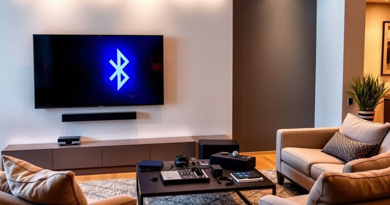 A modern living room featuring a sleek smart TV mounted on the wall, displaying a vibrant, colorful Bluetooth icon. Cozy furniture surrounds a stylish coffee table cluttered with tech gadgets, while soft ambient lighting casts a warm glow, creating an inviting atmosphere that emphasizes the intersection of technology and home entertainment.