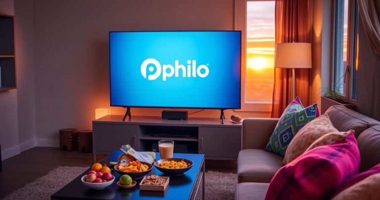 A cozy living room scene featuring a sleek Vizio Smart TV displaying the Philo logo, with a colorful assortment of snacks on a coffee table, soft warm lighting, a plush sofa adorned with vibrant throw pillows, and a window revealing a sunset, creating an inviting atmosphere for a relaxed viewing experience.