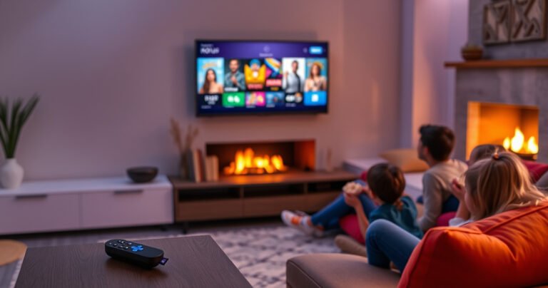 A sleek living room scene featuring a modern Smart TV displaying vibrant streaming content, contrasted with a Roku device on a stylish entertainment unit. The cozy atmosphere is illuminated by soft ambient lighting, with a family enjoying movie night, popcorn in hand, surrounded by colorful cushions and a warm fireplace, showcasing the ultimate streaming experience.