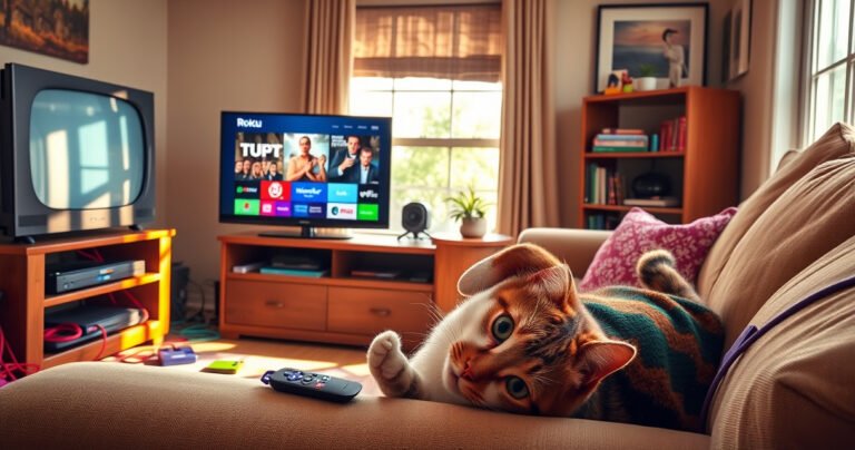 A cozy living room with a classic non-smart TV, surrounded by a vibrant array of colorful Roku streaming devices and cables. A curious cat lounges on the couch, watching a vibrant display of streaming icons on the TV screen. Warm sunlight filters through a window, casting a cheerful glow over the scene.