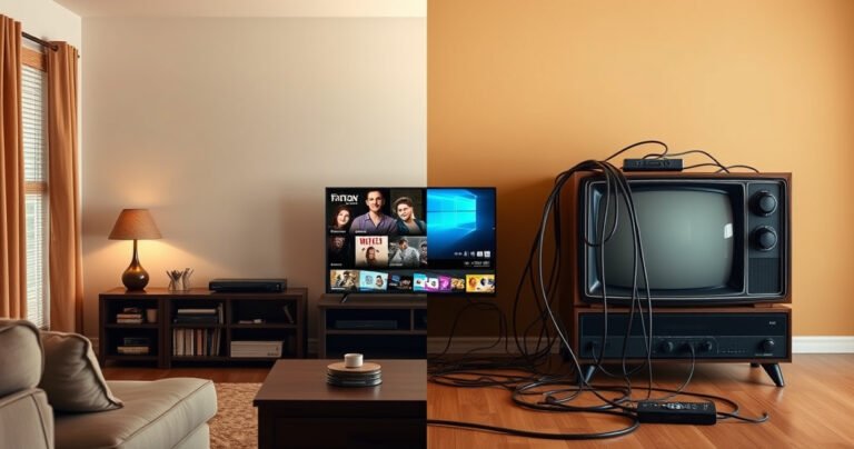 A split scene showcasing a cozy living room with a sleek smart TV displaying streaming apps on one side, while the other side features a traditional setup with a vintage TV and tangled cables. Warm lighting highlights contrasting lifestyles, inviting viewers to ponder the future of television and entertainment choices.