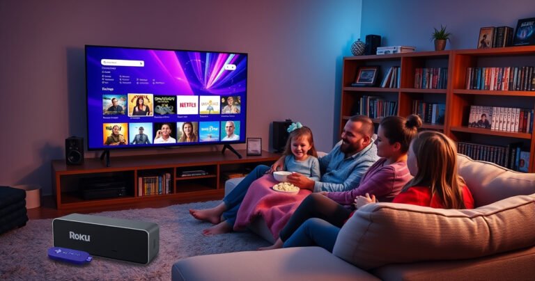 A cozy living room scene with a large smart TV displaying vibrant streaming options, a sleek Roku device beside it, and a family of four gathered on a plush sofa, immersed in a movie night. Soft ambient lighting highlights popcorn bowls and blankets, while a bookshelf filled with games and movies adds a touch of warmth.