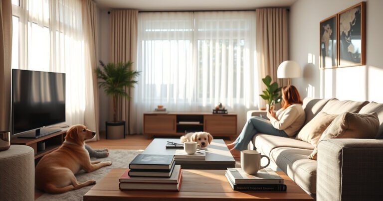 A serene living room featuring a stylish smart TV turned off, surrounded by cozy furniture. Sunlight filters through sheer curtains, casting gentle shadows. A family sits together, engaged in conversation, while a playful dog lounges nearby. On a coffee table, a stack of books and a steaming mug create a warm, inviting atmosphere.
