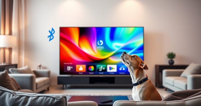 A sleek Vizio Smart TV displayed in a modern living room, vibrant colors emanating from the screen, surrounded by cozy furniture. A Bluetooth symbol subtly integrated into the design, with sound waves emanating from it. Soft lighting enhances the atmosphere, while a curious dog looks up, intrigued by the technology, inviting viewers into the world of smart entertainment.