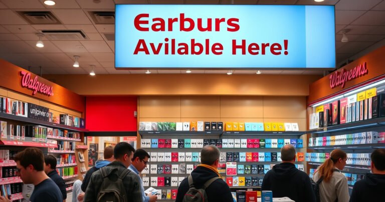 A bustling Walgreens store interior, with colorful shelves stocked full of electronics, prominently featuring a stylish display of various earbuds. Customers browse curiously, bright packaging glinting under warm lighting. The atmosphere is vibrant and inviting, with a sign overhead reading "Earbuds Available Here!" in bold letters, capturing the essence of modern shopping convenience.