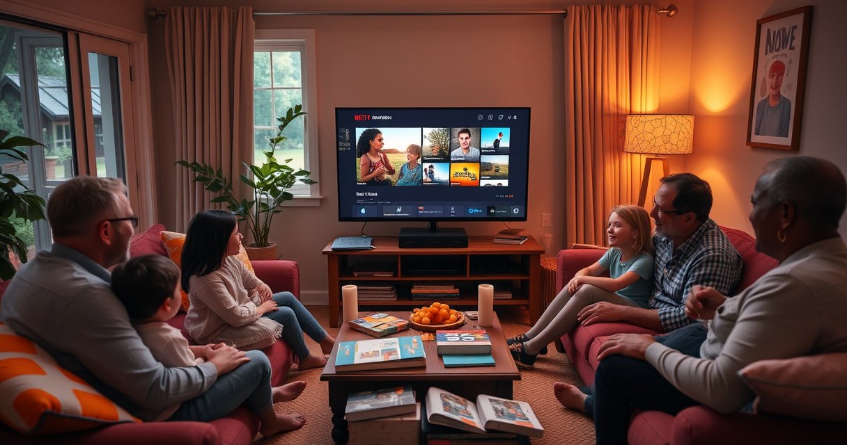 A cozy living room scene featuring a smart TV displaying offline content, surrounded by family enjoying board games, snacks, and laughter. Warm lighting casts a welcoming glow, with colorful cushions and a coffee table filled with books. A window reveals a serene garden outside, emphasizing a tech-free, joyful atmosphere.