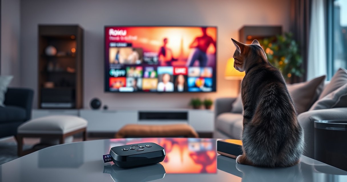 A sleek modern living room featuring a large smart TV displaying vibrant streaming content. In the foreground, a stylish Roku device sits on a polished coffee table surrounded by cozy cushions, with warm ambient lighting creating a welcoming atmosphere. A curious cat watches the screen, embodying the fusion of technology and home entertainment.
