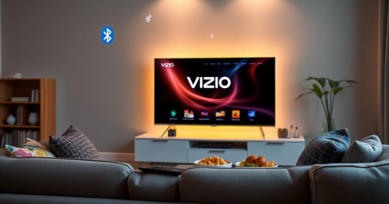 A sleek Vizio Smart TV sits in a modern living room, illuminated by soft ambient lighting. Bluetooth symbols float around the screen, hinting at connectivity. A cozy couch with colorful cushions faces the TV, while a remote control lies casually on a stylish coffee table adorned with snacks, creating a warm, inviting atmosphere.